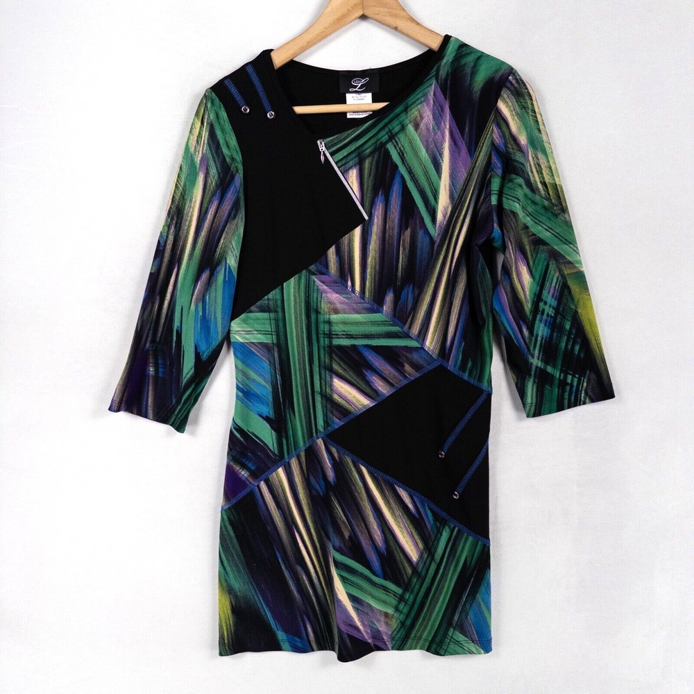 Libra Tunic Top Womens Small Black Multicolor Knit 3/4 Sleeve Buttons Zipper